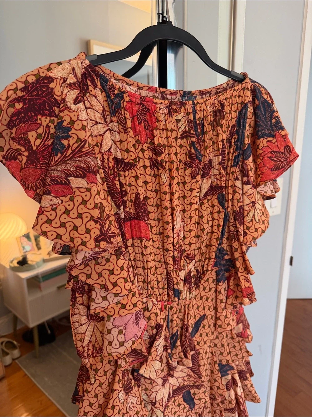Ulla Johnson Orange Floral Mini Dress with Red & Black Accents